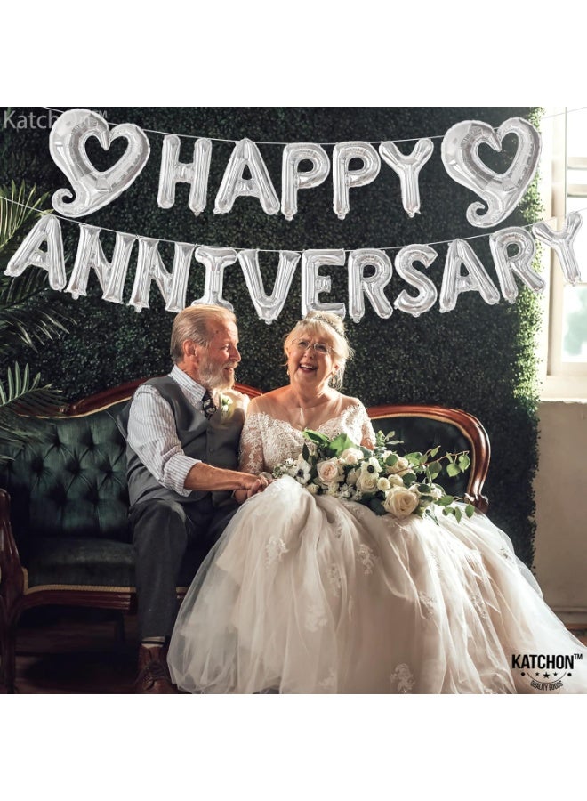 KATCHON Silver Happy Anniversary Balloons Letters - Big, 18 Inch | Silver Happy Anniversary Balloon Banner | Heart Balloons - Image 2